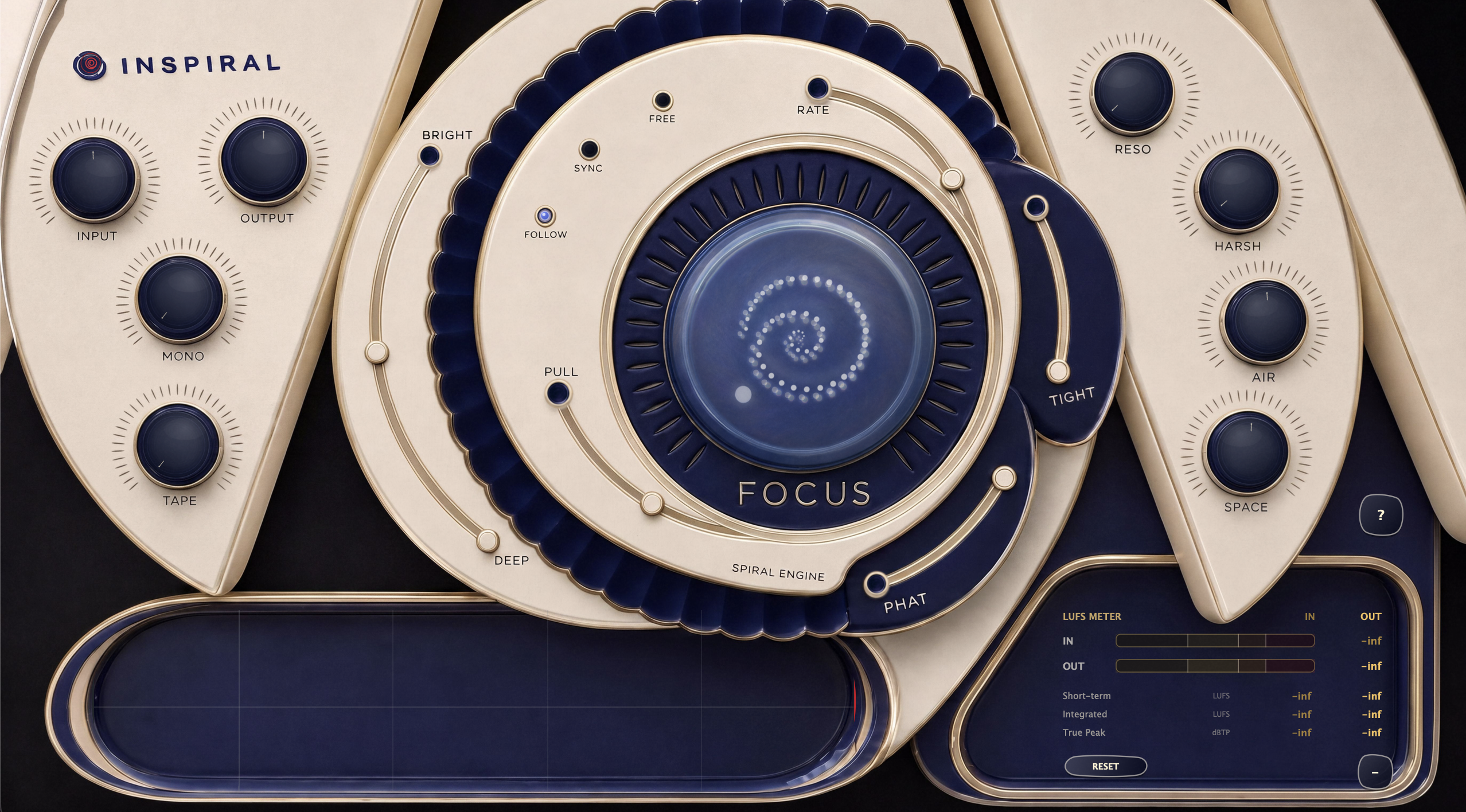 Inspiral audio plugin interface with central Focus control and surrounding tone, motion and loudness controls.